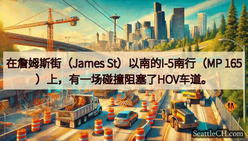 在詹姆斯街（James St）以南的I-5南行（MP 165）上，有一场碰撞阻塞了HOV车道。