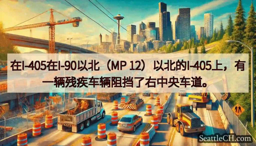 在I-405在I-90以北（MP 12）以北的I-405上，有一辆残疾车辆阻挡了右中央车道。