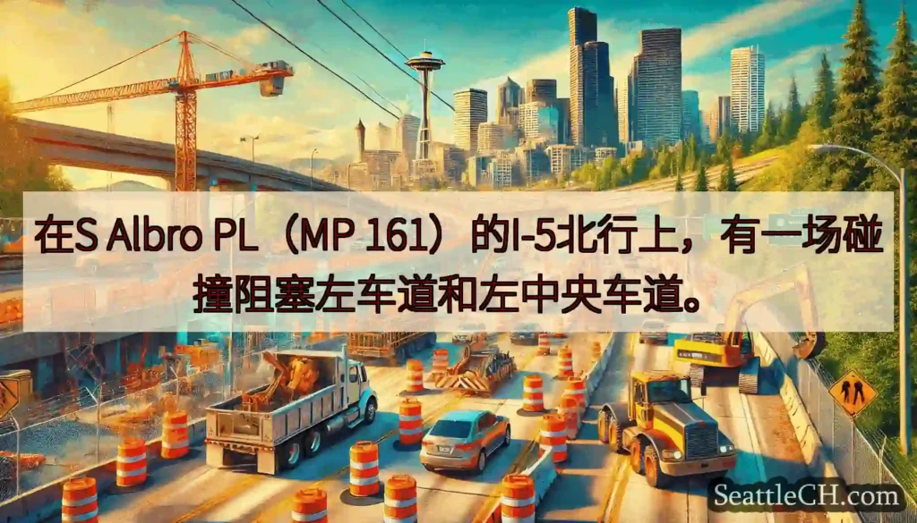 在S Albro PL（MP 161）的I-5北行上，有一场碰撞阻塞左车道和左中央车道。