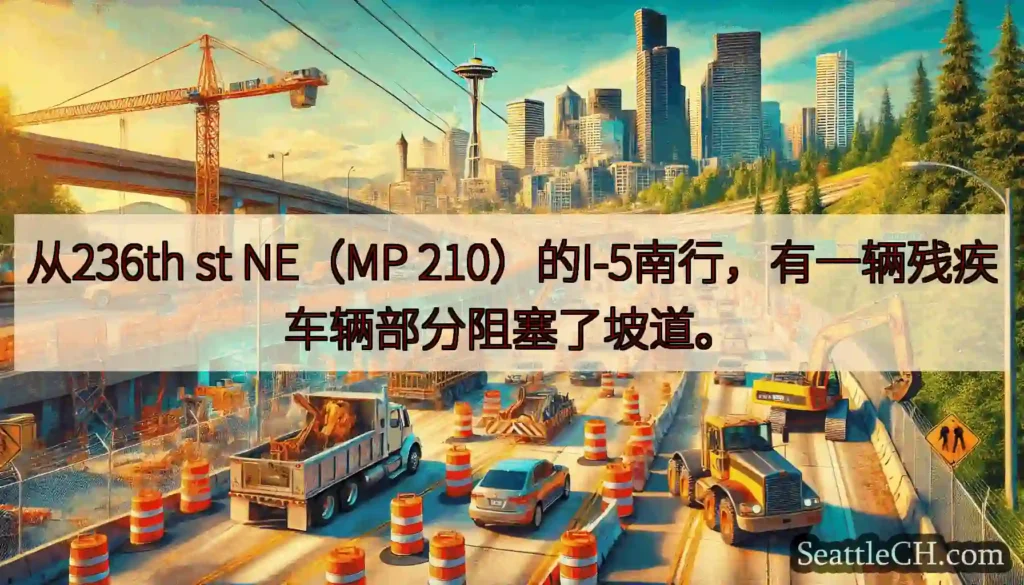 从236th st NE（MP 210）的I-5南行，有一辆残疾车辆部分阻塞了坡道。