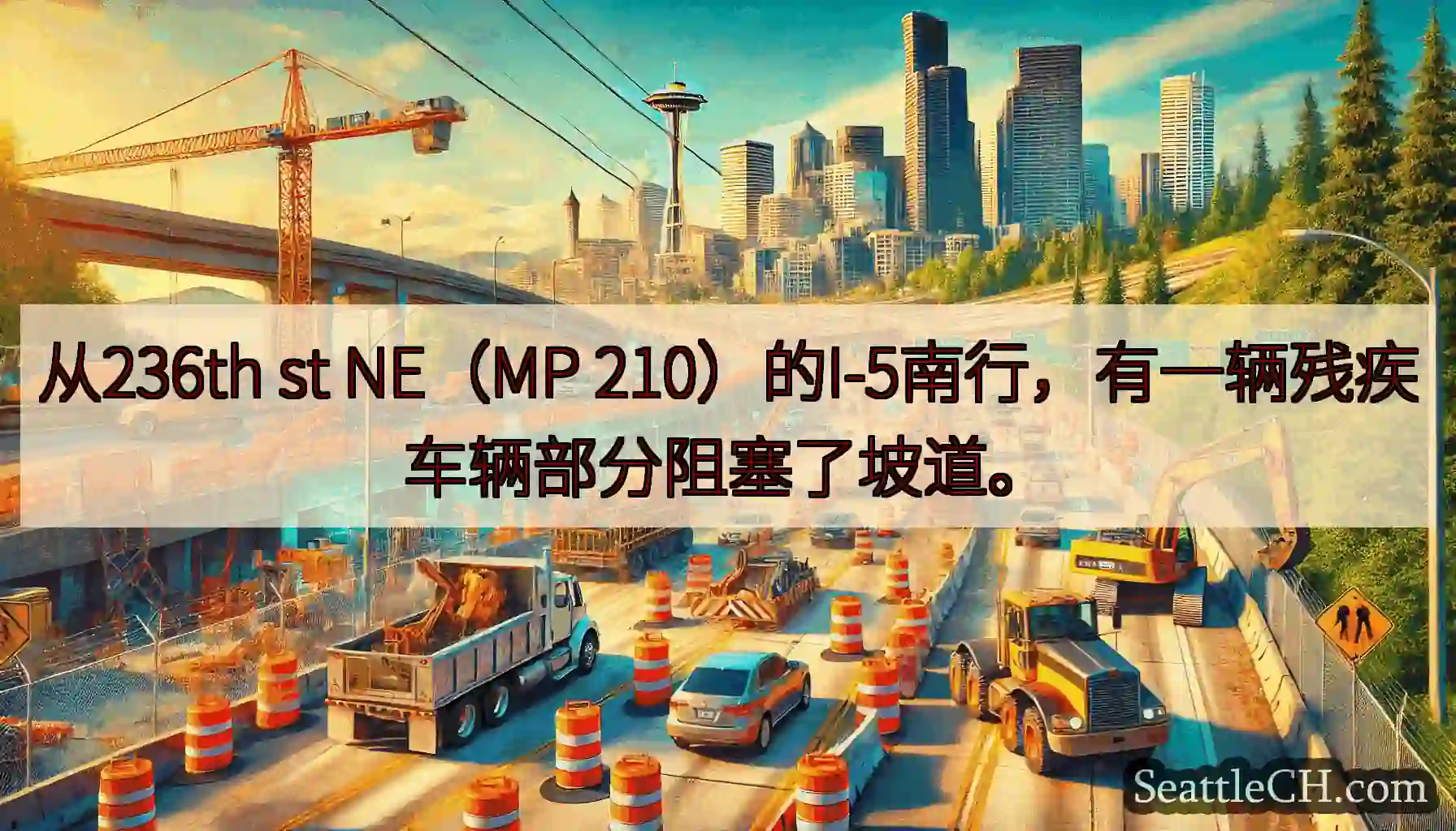 从236th st NE（MP 210）的I-5南行，有一辆残疾车辆部分阻塞了坡道。