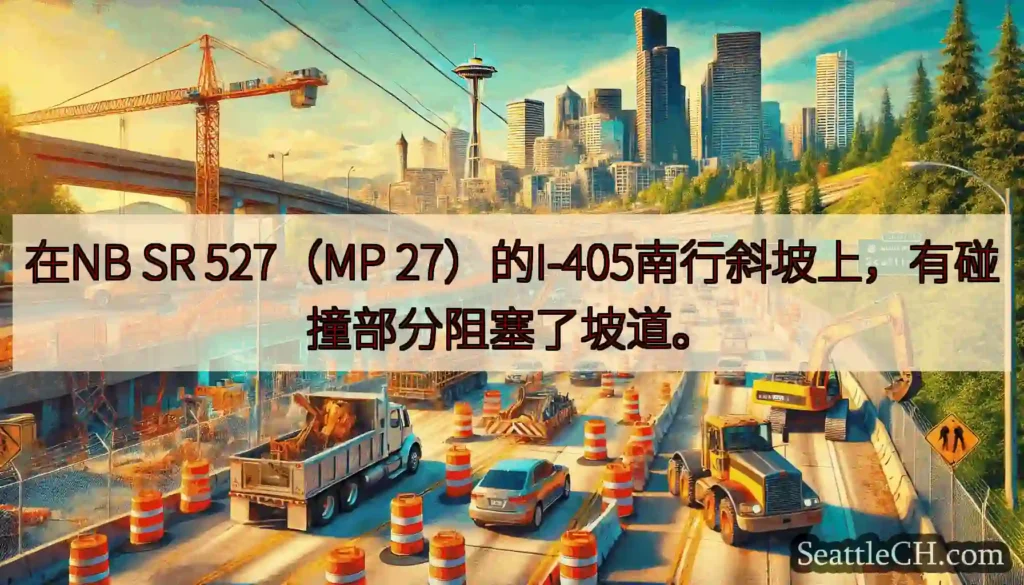 在NB SR 527（MP 27）的I-405南行斜坡上，有碰撞部分阻塞了坡道。