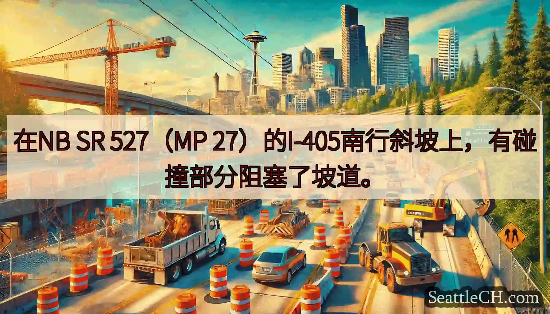 在NB SR 527（MP 27）的I-405南行斜坡上，有碰撞部分阻塞了坡道。