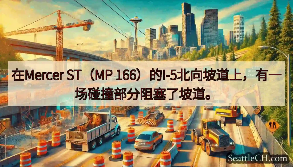 在Mercer ST（MP 166）的I-5北向坡道上，有一场碰撞部分阻塞了坡道。