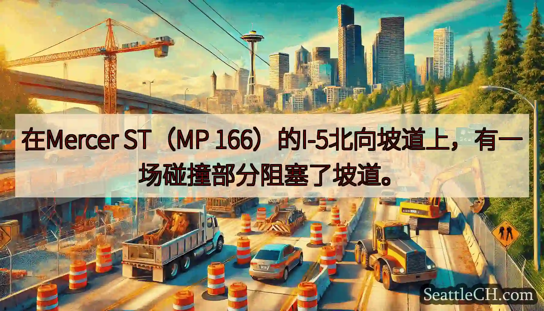 在Mercer ST（MP 166）的I-5北向坡道上，有一场碰撞部分阻塞了坡道。