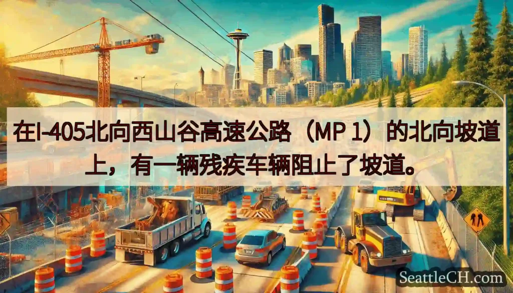 在I-405北向西山谷高速公路（MP 1）的北向坡道上，有一辆残疾车辆阻止了坡道。