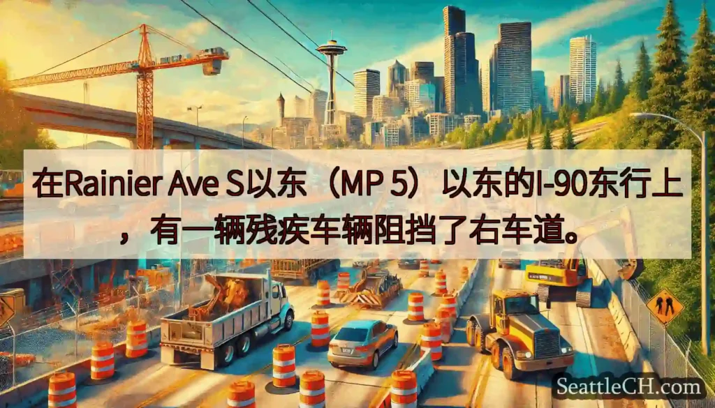在Rainier Ave S以东（MP 5）以东的I-90东行上，有一辆残疾车辆阻挡了右车道。