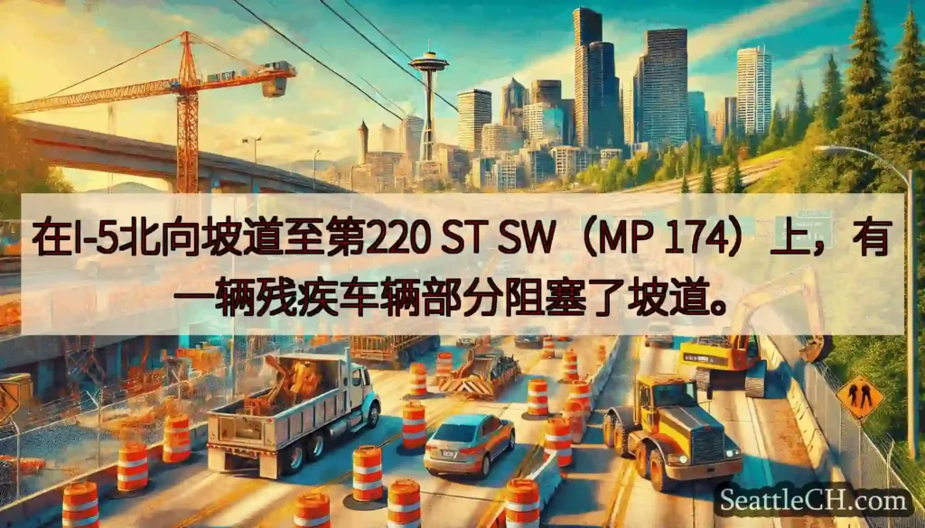 在I-5北向坡道至第220 ST SW（MP 174）上，有一辆残疾车辆部分阻塞了坡道。