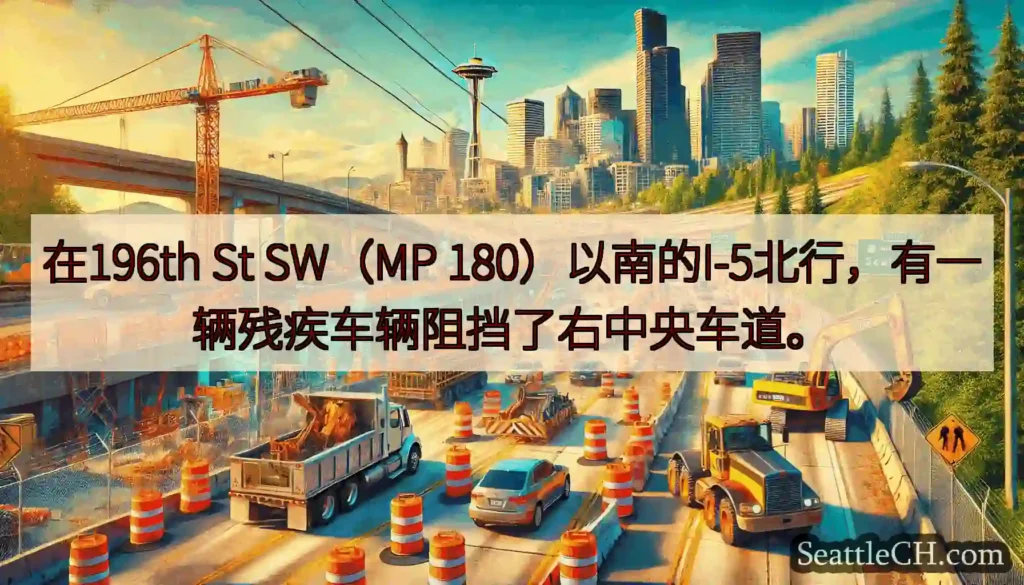 在196th St SW（MP 180）以南的I-5北行，有一辆残疾车辆阻挡了右中央车道。
