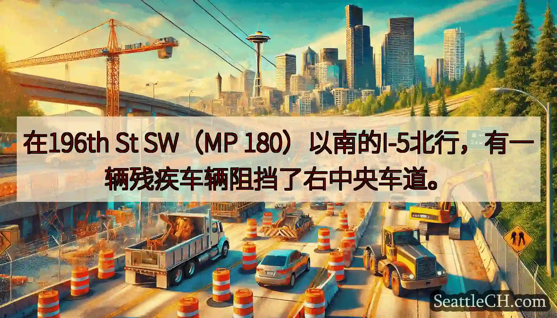 在196th St SW（MP 180）以南的I-5北行，有一辆残疾车辆阻挡了右中央车道。