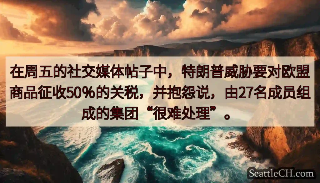 在周五的社交媒体帖子中，特朗普威胁要对欧盟商品征收50％的关税，并抱怨说，由27名成员组成的集团“很