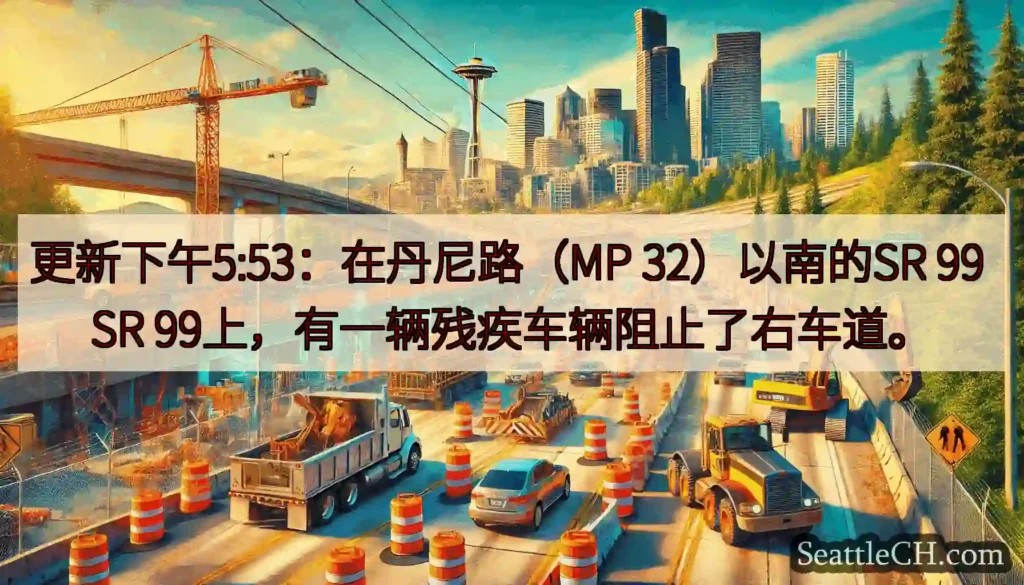 更新下午5:53：在丹尼路（MP 32）以南的SR 99 SR 99上，有一辆残疾车辆阻止了右车道。