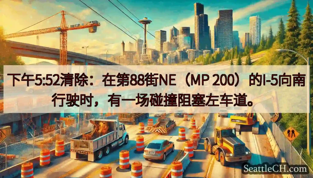 下午5:52清除：在第88街NE（MP 200）的I-5向南行驶时，有一场碰撞阻塞左车道。
