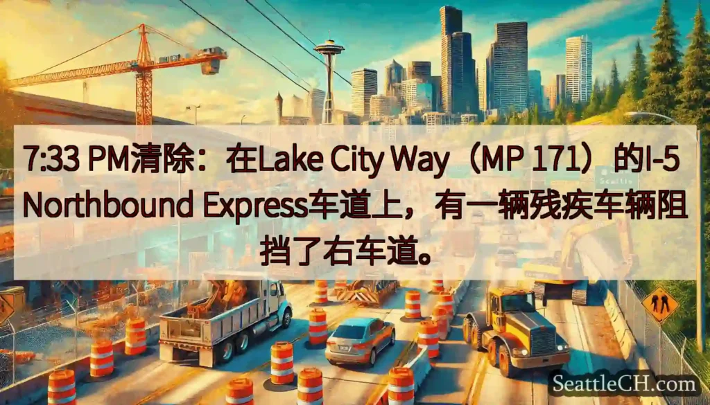 7:33 PM清除：在Lake City Way（MP 171）的I-5 Northbound