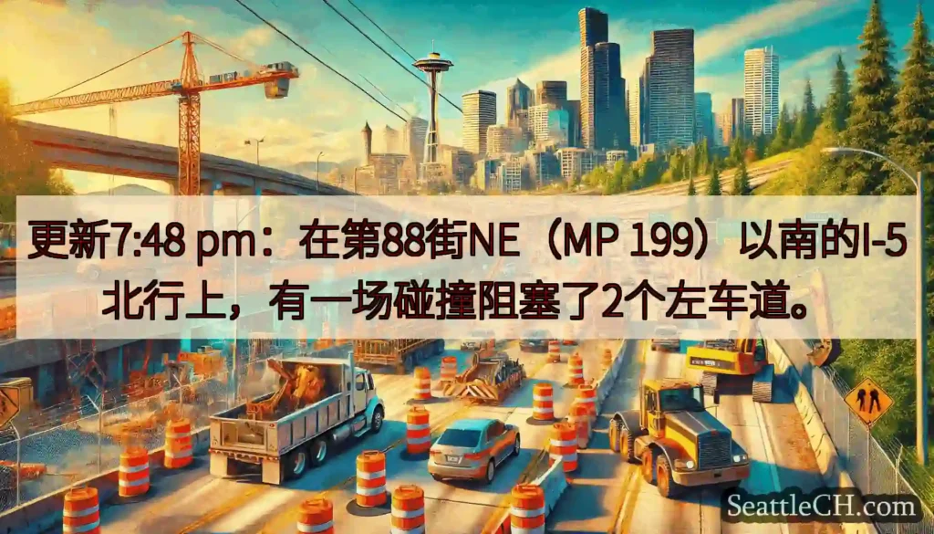 更新7:48 pm：在第88街NE（MP 199）以南的I-5北行上，有一场碰撞阻塞了2个左车道。