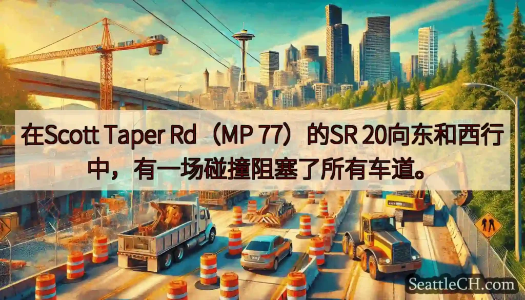在Scott Taper Rd（MP 77）的SR 20向东和西行中，有一场碰撞阻塞了所有车道。