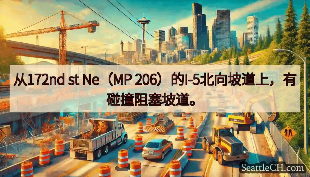 从172nd st Ne（MP 206）的I-5北向坡道上，有碰撞阻塞坡道。