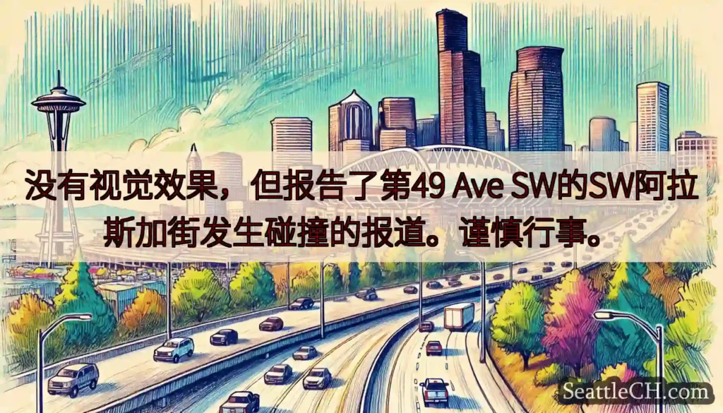 没有视觉效果，但报告了第49 Ave SW的SW阿拉斯加街发生碰撞的报道。谨慎行事。