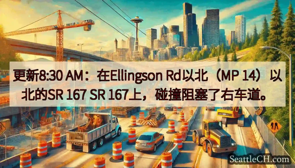 更新8:30 AM：在Ellingson Rd以北（MP 14）以北的SR 167 SR