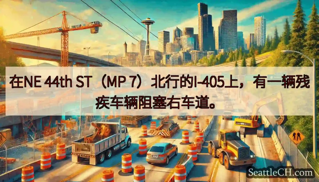 在NE 44th ST（MP 7）北行的I-405上，有一辆残疾车辆阻塞右车道。