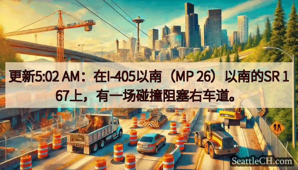 更新5:02 AM：在I-405以南（MP 26）以南的SR 167上，有一场碰撞阻塞右车道。