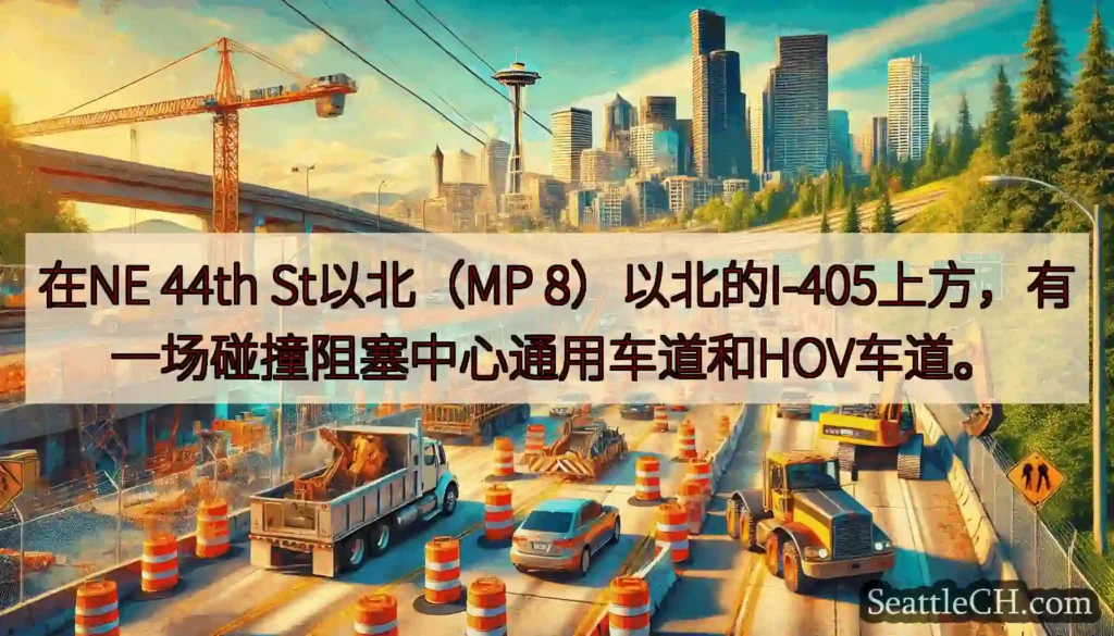 在NE 44th St以北（MP 8）以北的I-405上方，有一场碰撞阻塞中心通用车道和HOV车道。