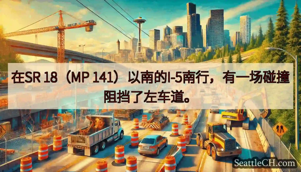 在SR 18（MP 141）以南的I-5南行，有一场碰撞阻挡了左车道。