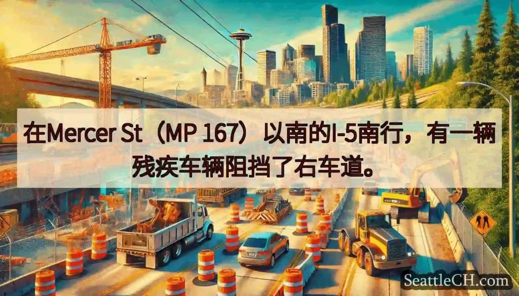 在Mercer St（MP 167）以南的I-5南行，有一辆残疾车辆阻挡了右车道。