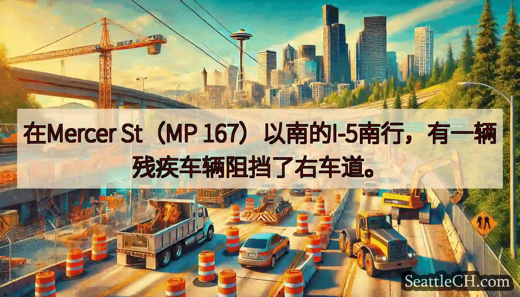 在Mercer St（MP 167）以南的I-5南行，有一辆残疾车辆阻挡了右车道。