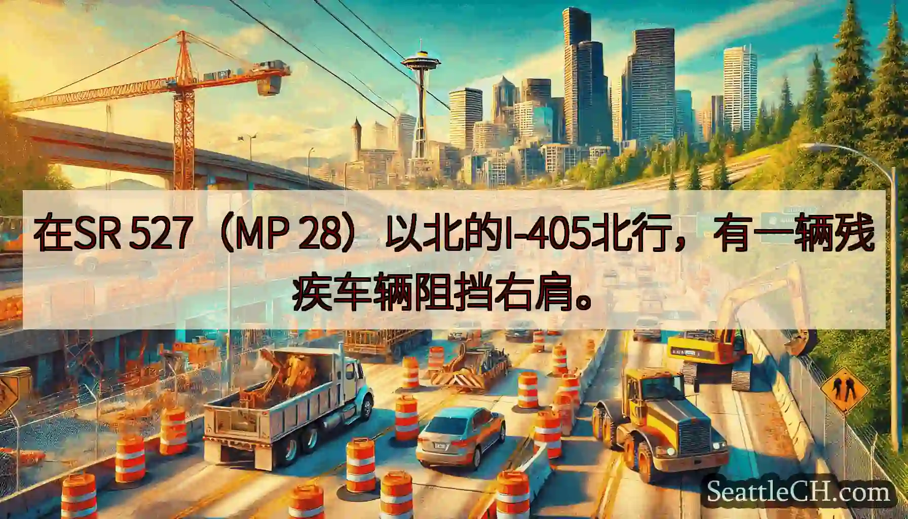 在SR 527（MP 28）以北的I-405北行，有一辆残疾车辆阻挡右肩。