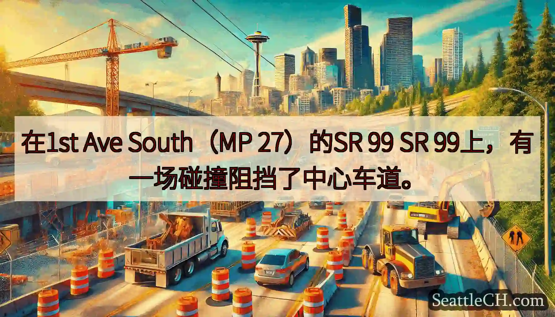 在1st Ave South（MP 27）的SR 99 SR 99上，有一场碰撞阻挡了中心车道。