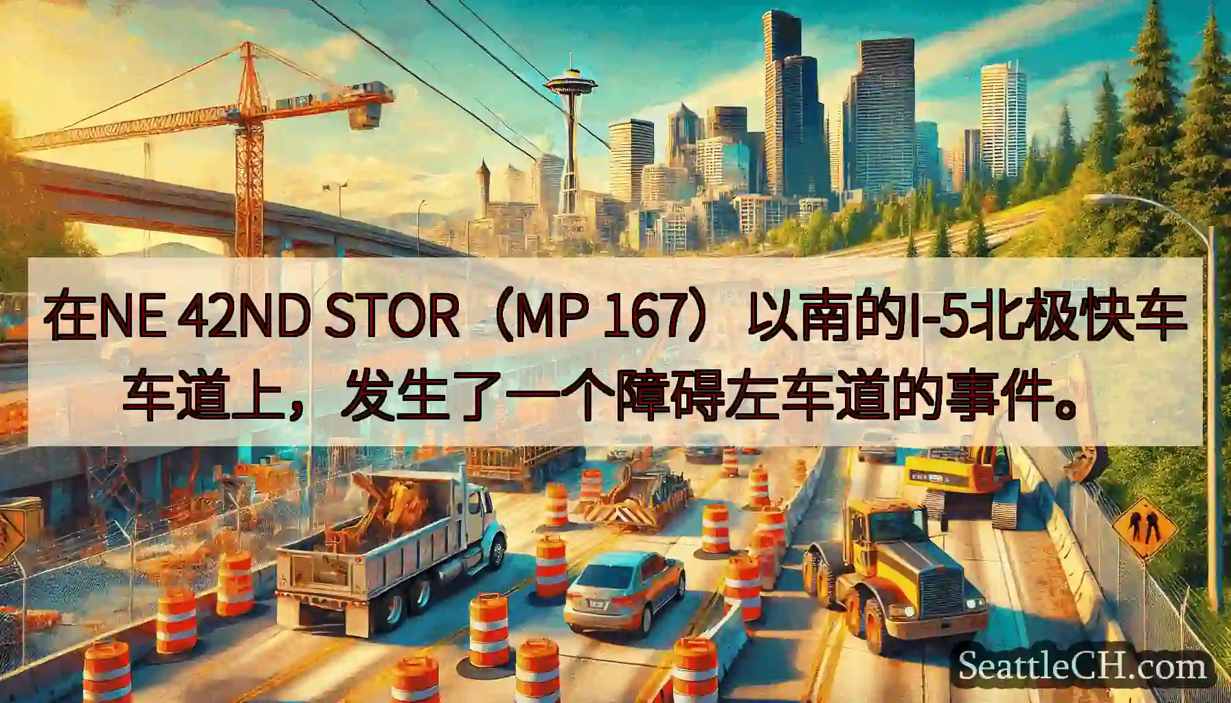 在NE 42ND STOR（MP 167）以南的I-5北极快车车道上，发生了一个障碍左车道的事件。
