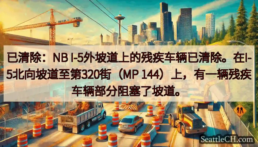 已清除：NB I-5外坡道上的残疾车辆已清除。在I-5北向坡道至第320街（MP