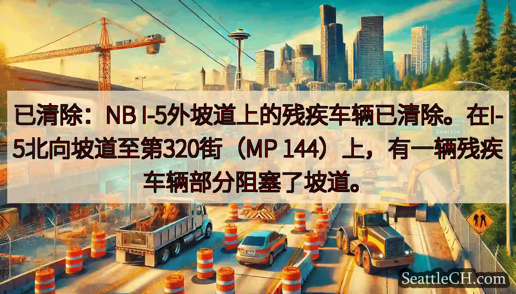 已清除：NB I-5外坡道上的残疾车辆已清除。在I-5北向坡道至第320街（MP