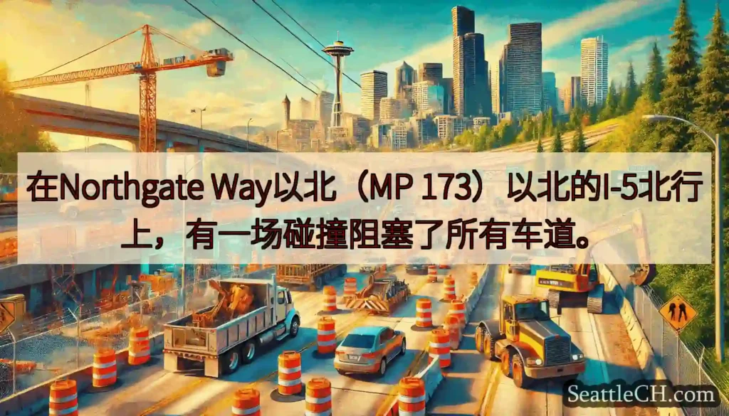 在Northgate Way以北（MP 173）以北的I-5北行上，有一场碰撞阻塞了所有车道。