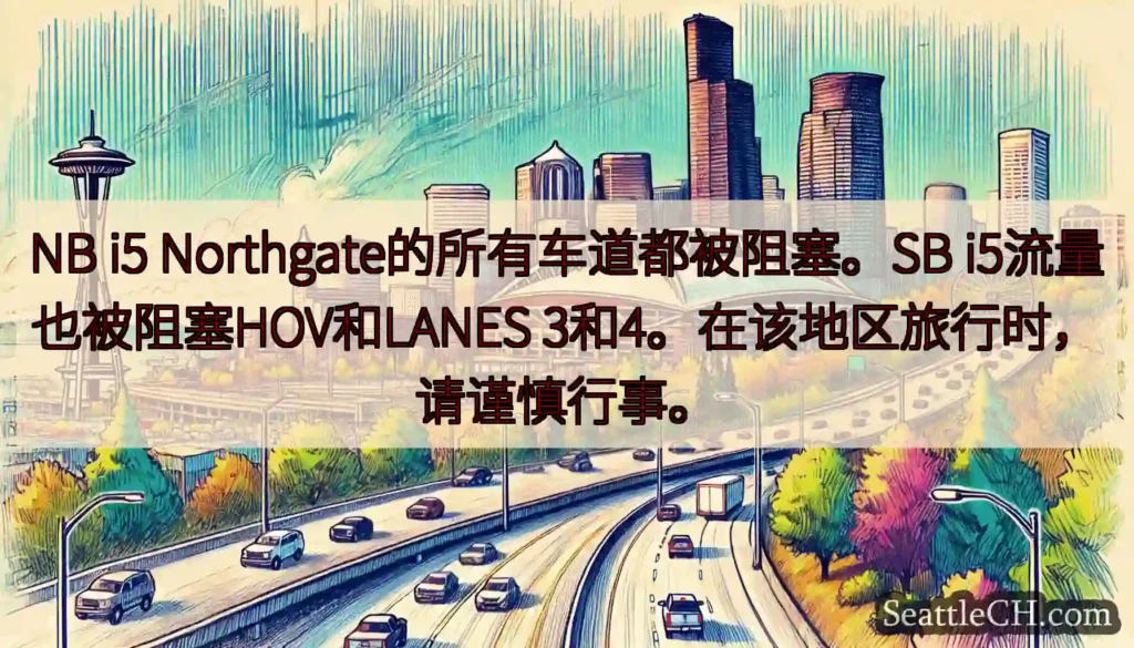 NB i5 Northgate的所有车道都被阻塞。SB i5流量也被阻塞HOV和LANES