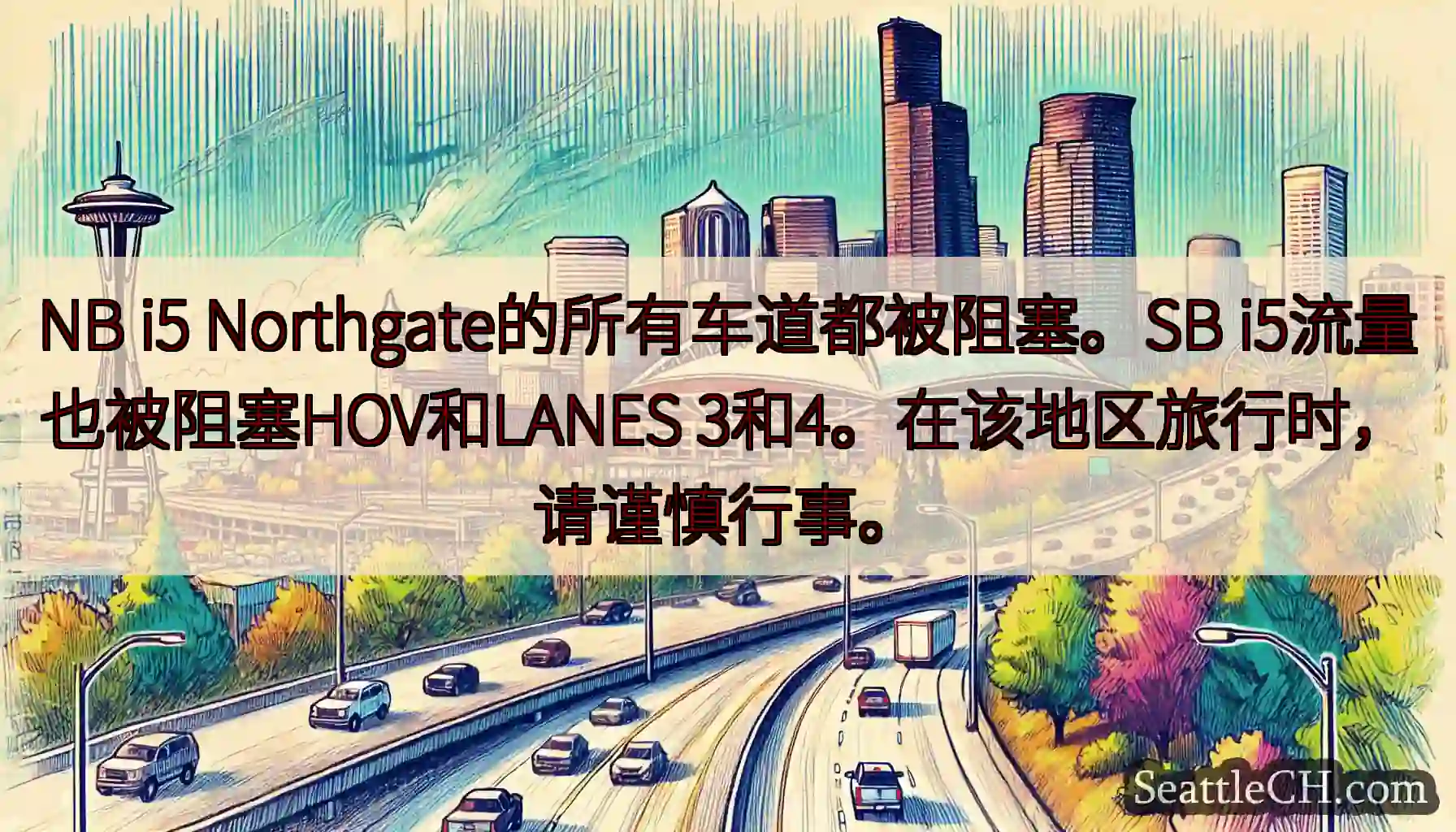 NB i5 Northgate的所有车道都被阻塞。SB i5流量也被阻塞HOV和LANES