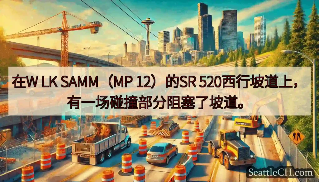 在W LK SAMM（MP 12）的SR 520西行坡道上，有一场碰撞部分阻塞了坡道。