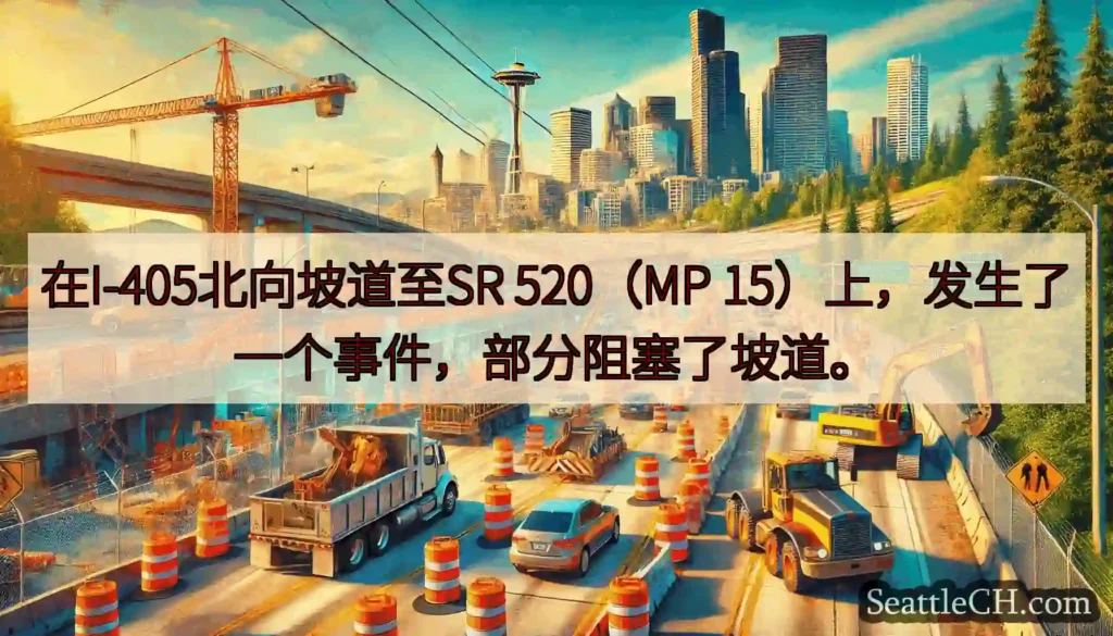 在I-405北向坡道至SR 520（MP 15）上，发生了一个事件，部分阻塞了坡道。