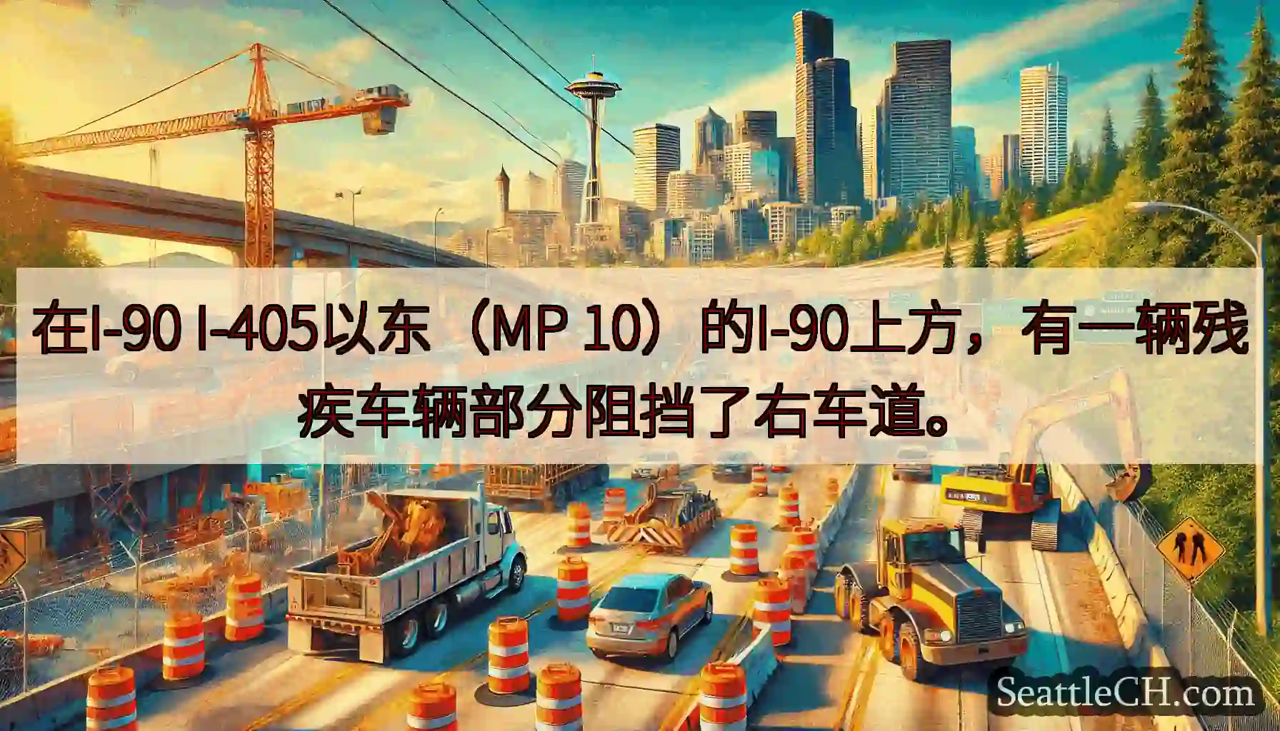 在I-90 I-405以东（MP 10）的I-90上方，有一辆残疾车辆部分阻挡了右车道。