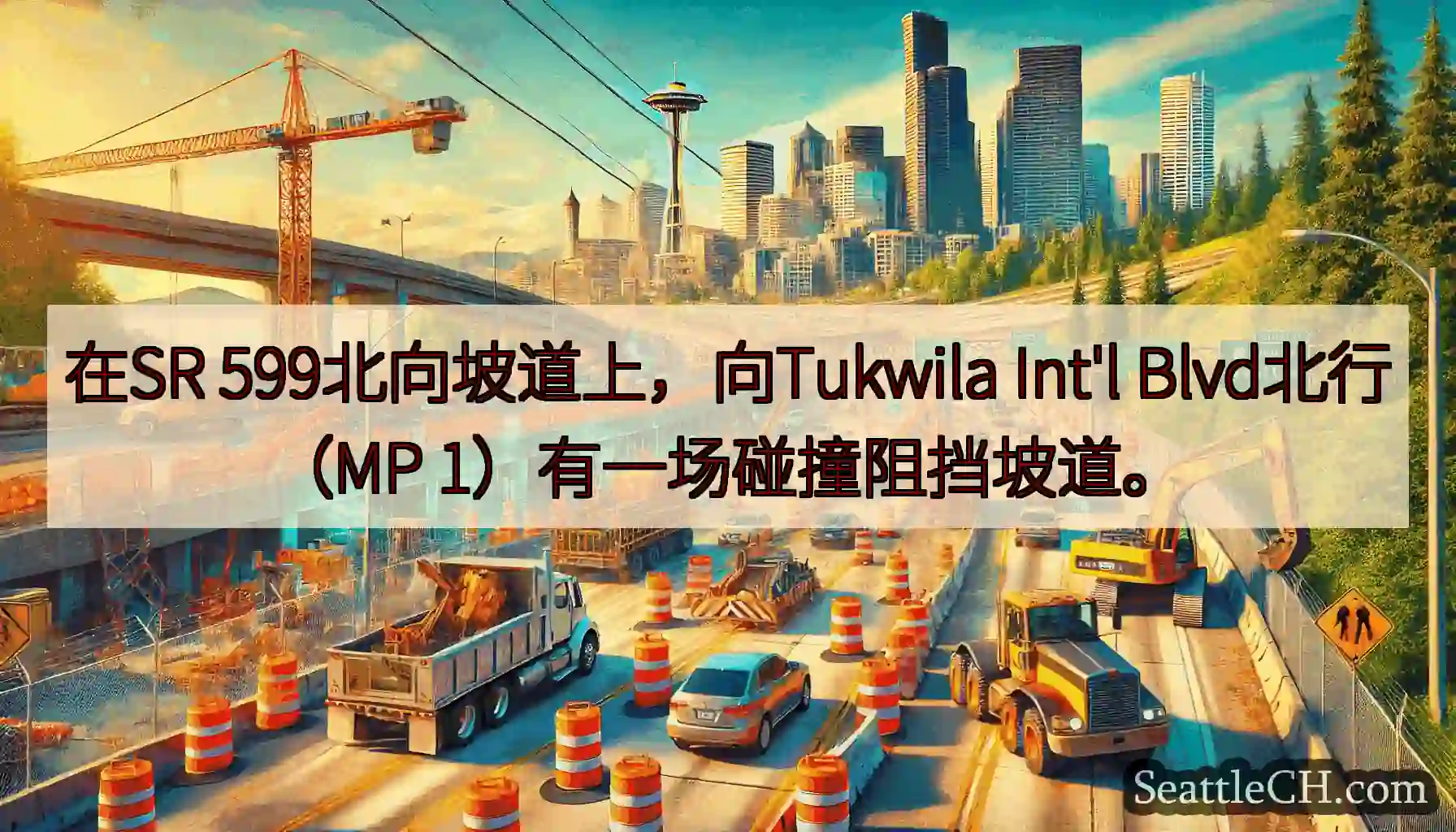 在SR 599北向坡道上，向Tukwila Int'l Blvd北行（MP 1）有一场碰撞阻挡坡道。