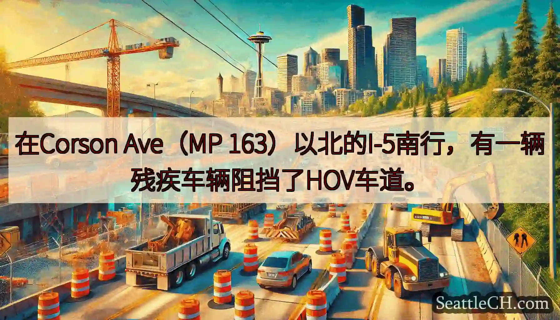 在Corson Ave（MP 163）以北的I-5南行，有一辆残疾车辆阻挡了HOV车道。