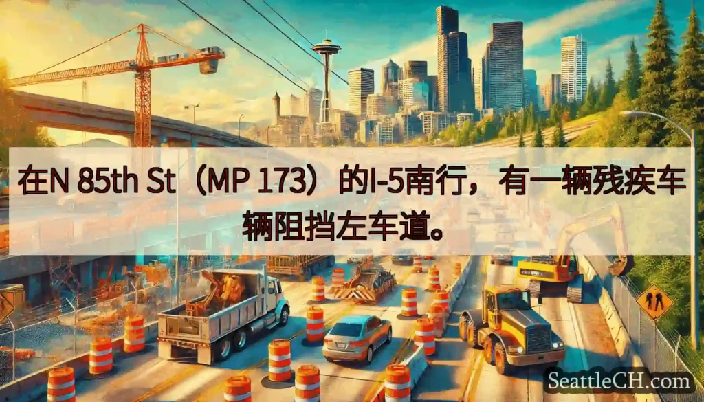 在N 85th St（MP 173）的I-5南行，有一辆残疾车辆阻挡左车道。