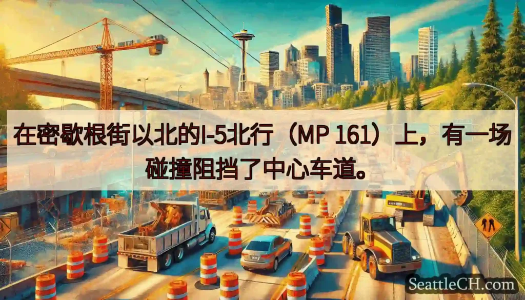 在密歇根街以北的I-5北行（MP 161）上，有一场碰撞阻挡了中心车道。