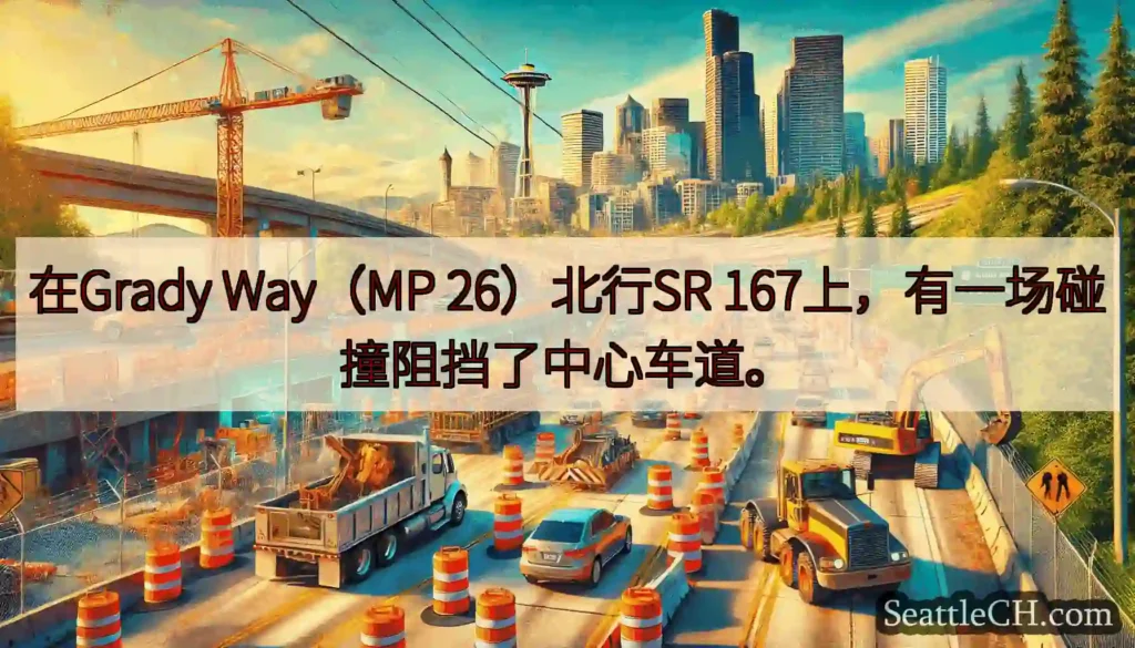 在Grady Way（MP 26）北行SR 167上，有一场碰撞阻挡了中心车道。