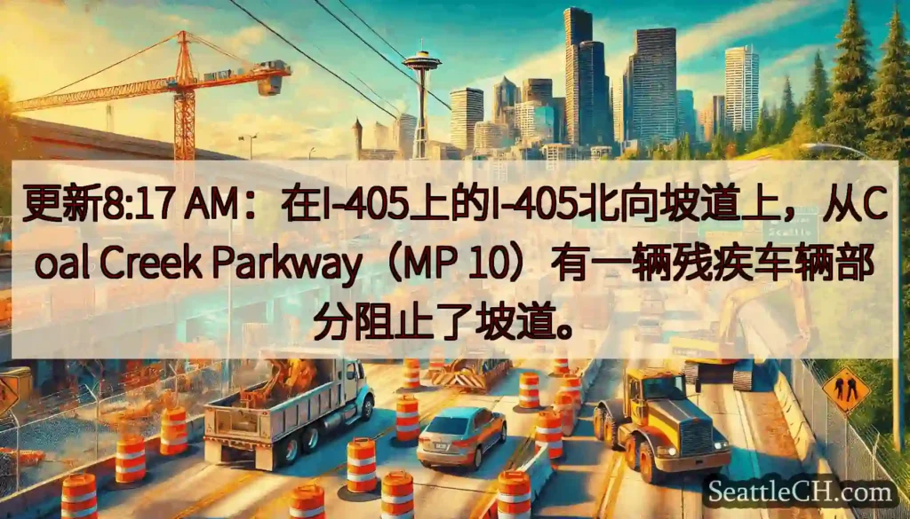 更新8:17 AM：在I-405上的I-405北向坡道上，从Coal Creek