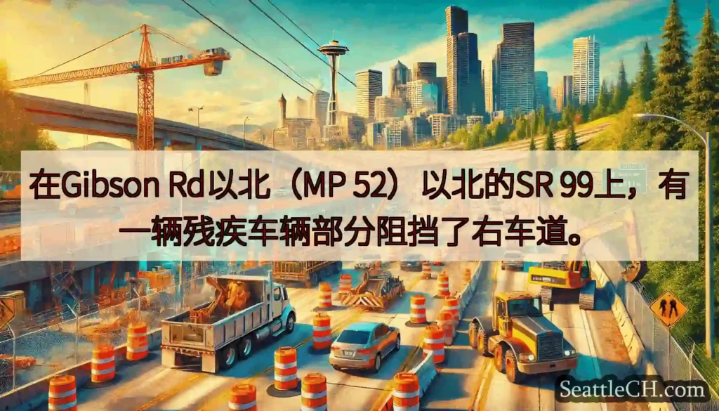 在Gibson Rd以北（MP 52）以北的SR 99上，有一辆残疾车辆部分阻挡了右车道。