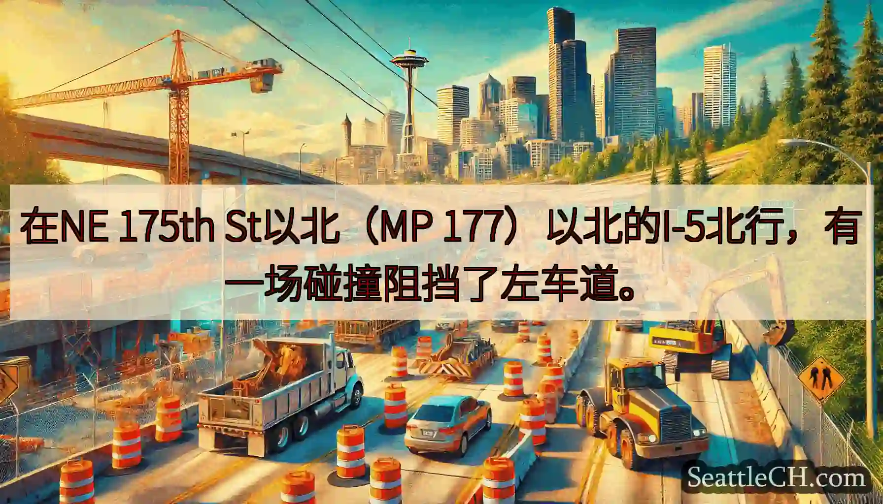在NE 175th St以北（MP 177）以北的I-5北行，有一场碰撞阻挡了左车道。