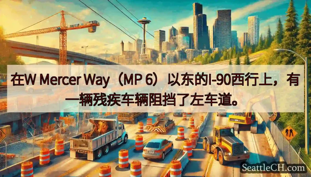 在W Mercer Way（MP 6）以东的I-90西行上，有一辆残疾车辆阻挡了左车道。