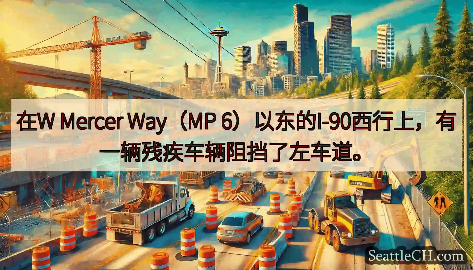 在W Mercer Way（MP 6）以东的I-90西行上，有一辆残疾车辆阻挡了左车道。
